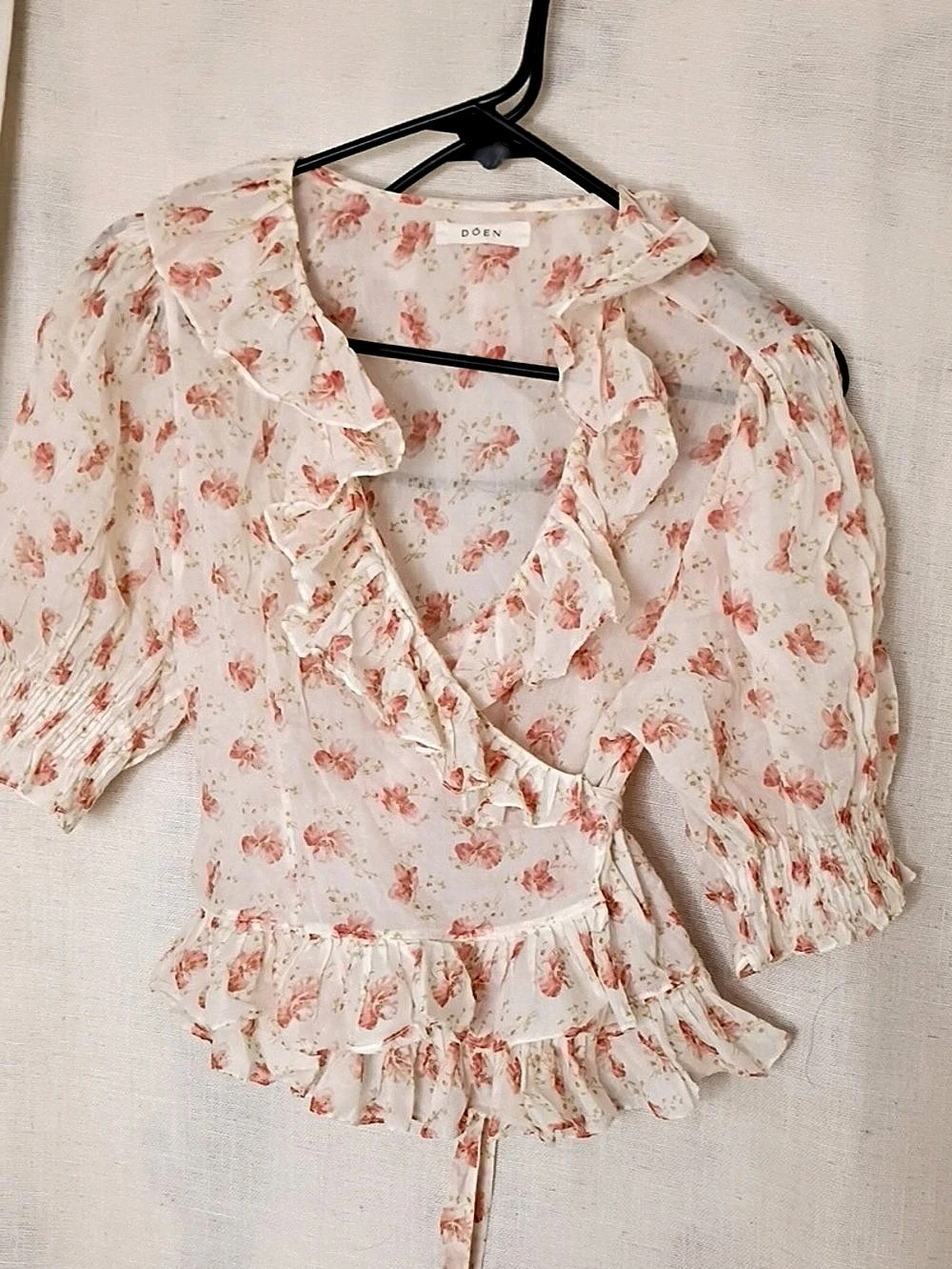DOEN Floral Ruffle Blouse in White & Pink